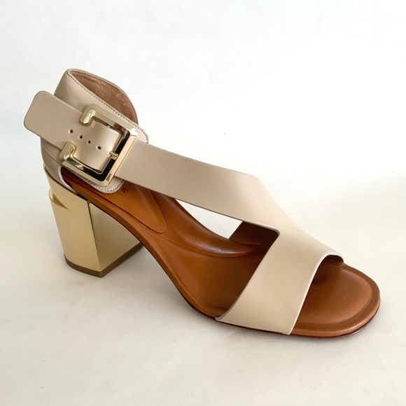 CLERGERIE Women's Beige Leather Abstract Gold Block-Heel Sandals Open toe Pumps - Picture 11 of 16